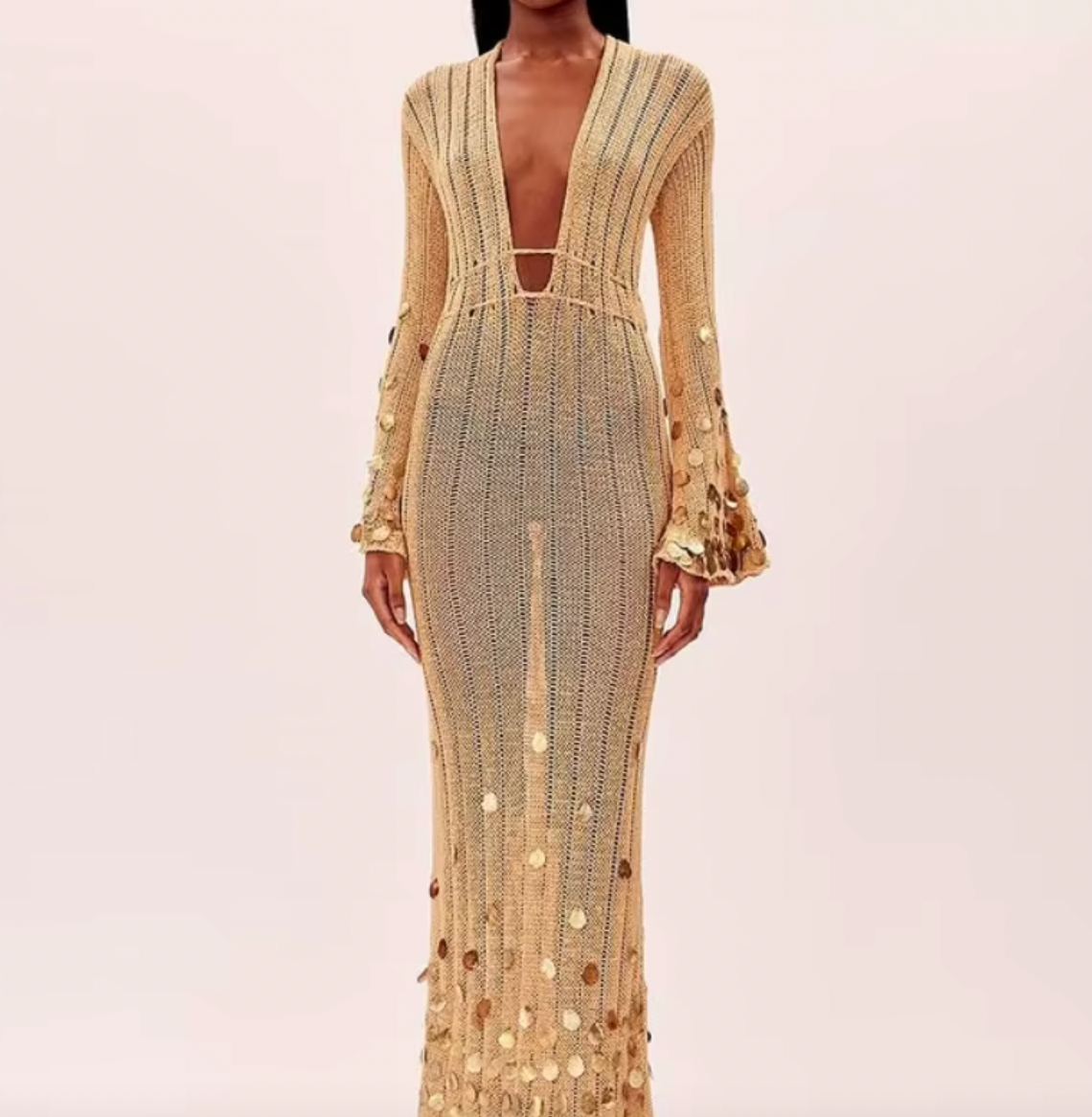 Crochet Deep V-Neck Bell Sleeve Sequin Maxi Dress 3