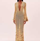 Crochet Deep V-Neck Bell Sleeve Sequin Maxi Dress 3