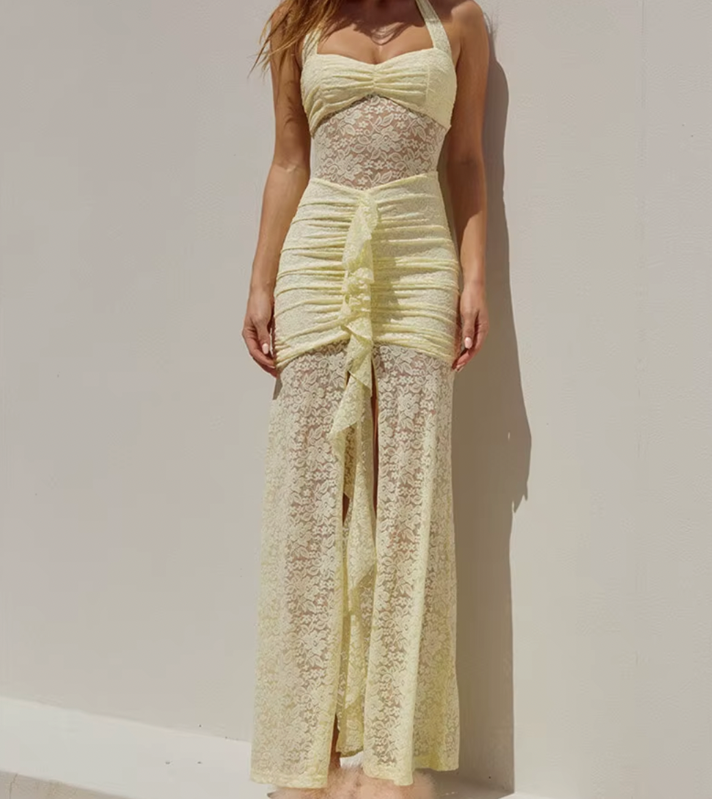 Lace Halter Neck Ruched Maxi Dress 3