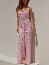 Lace Halter Neck Ruched Maxi Dress 5