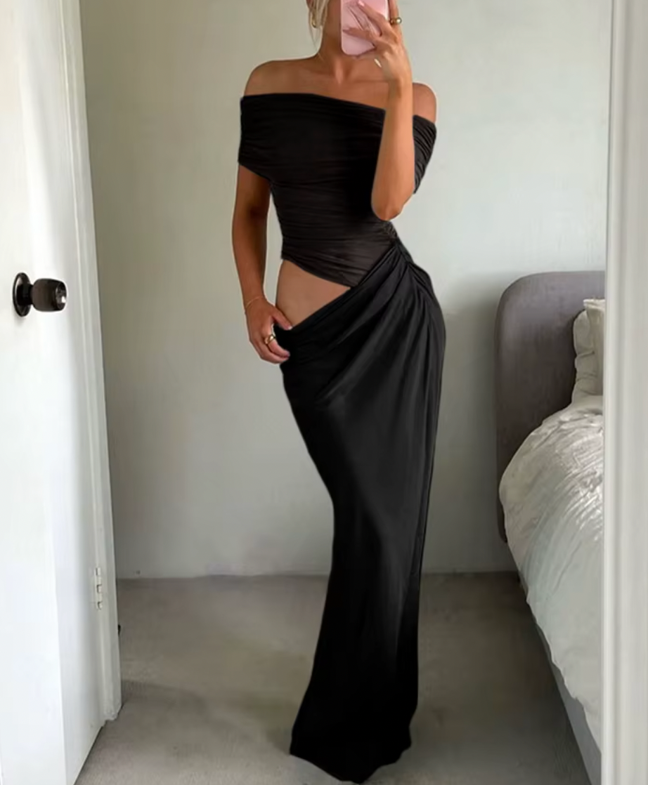 Off Shoulder Ruched Satin Mermaid Maxi Dress 3
