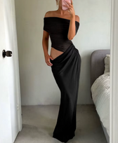 Off Shoulder Ruched Satin Mermaid Maxi Dress 3