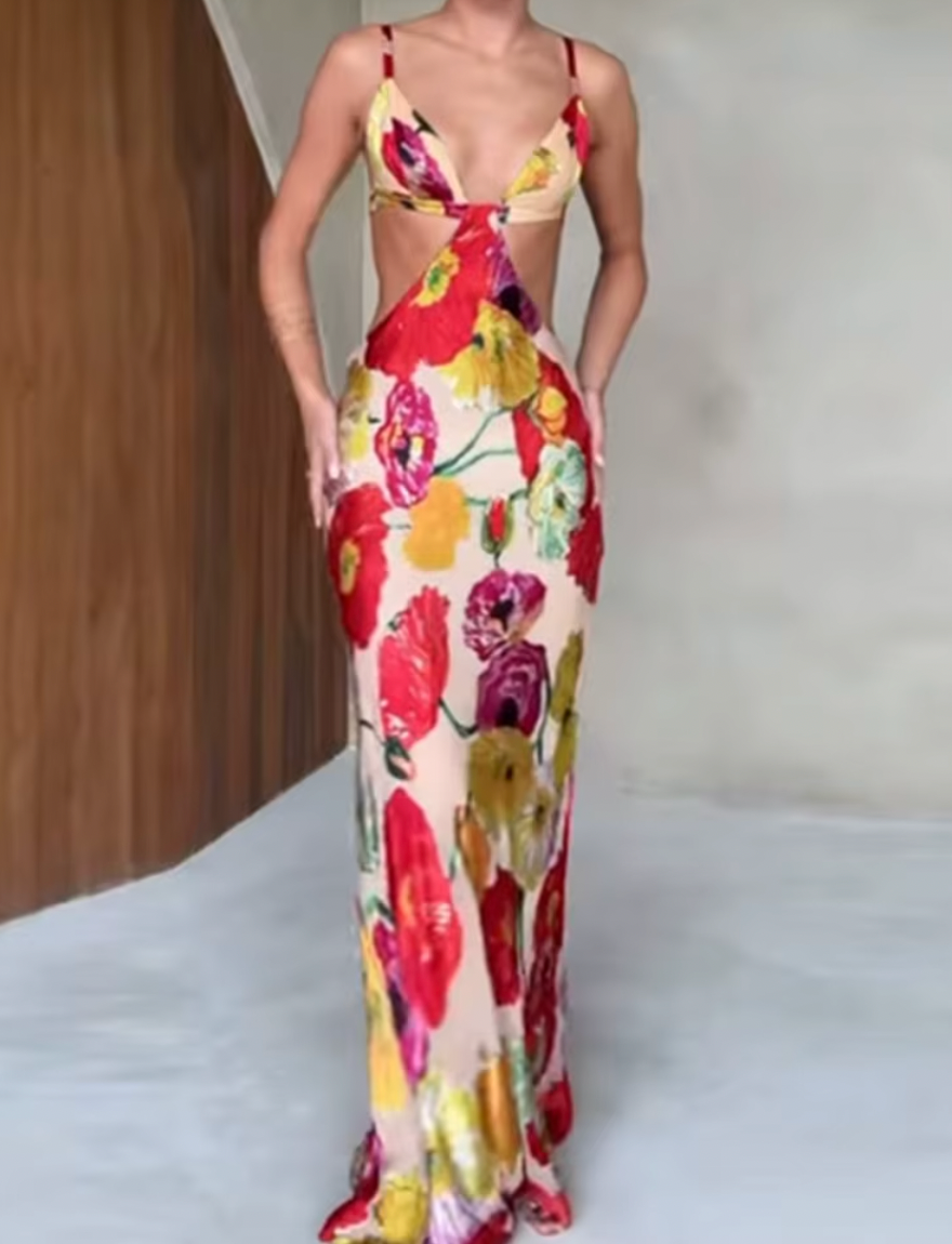 Floral Print Spaghetti Strap Cut Out Mermaid Maxi Dress 2