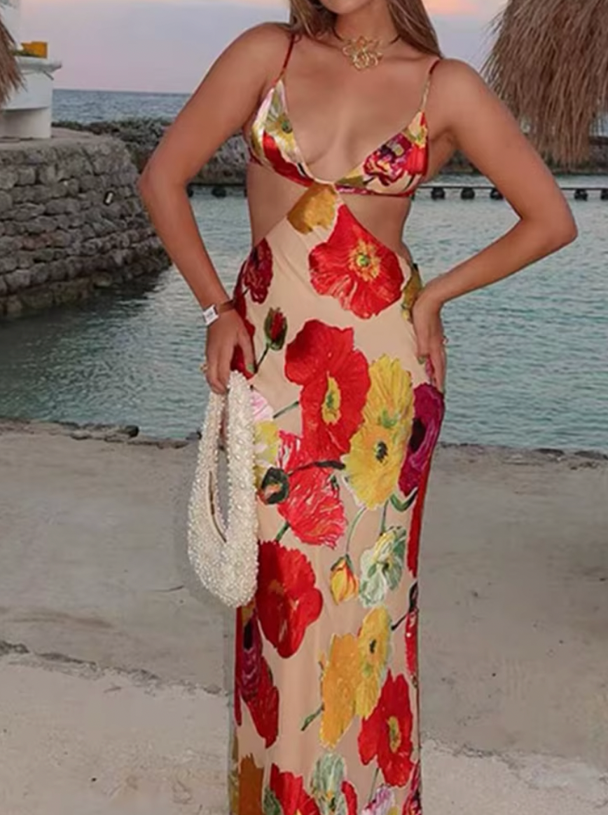 Floral Print Spaghetti Strap Cut Out Mermaid Maxi Dress 3
