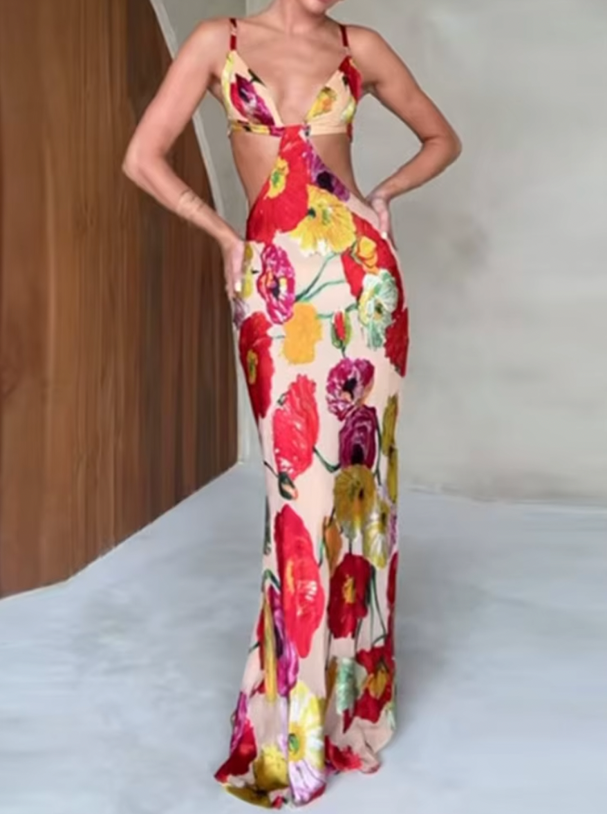 Floral Print Spaghetti Strap Cut Out Mermaid Maxi Dress