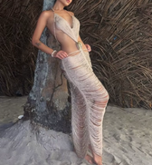 Knit Halter Deep V-Neck Fringe Two Piece Set 4