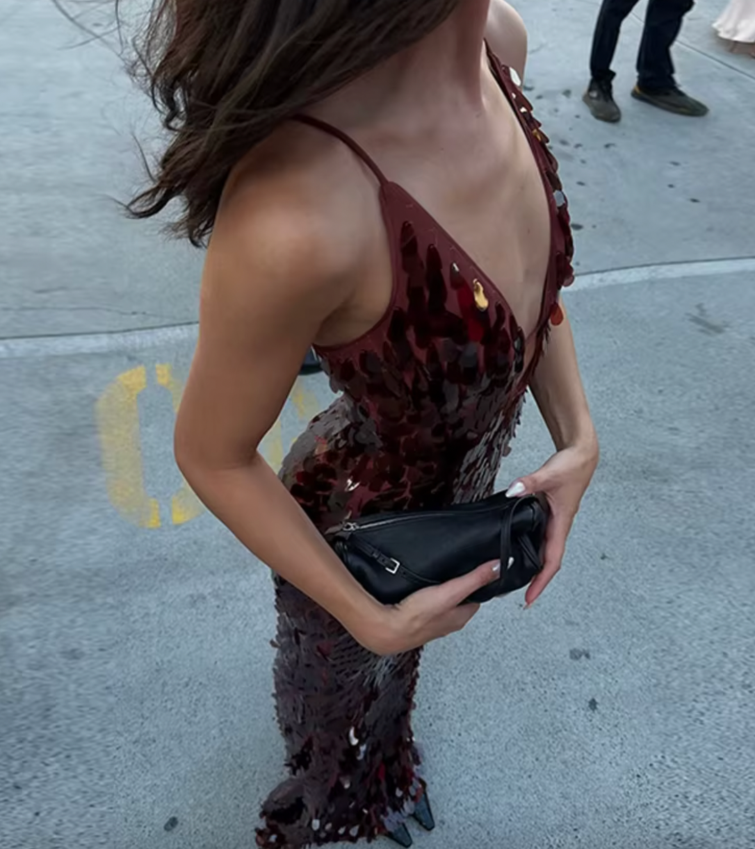 Sequin Deep V-Neck Spaghetti Strap Backless Maxi Dress 3