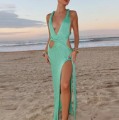 Knit Deep V-Neck Backless Fringe Maxi Dress 3