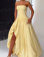 Strapless Ruched Bubble Hem High Split Maxi Dress