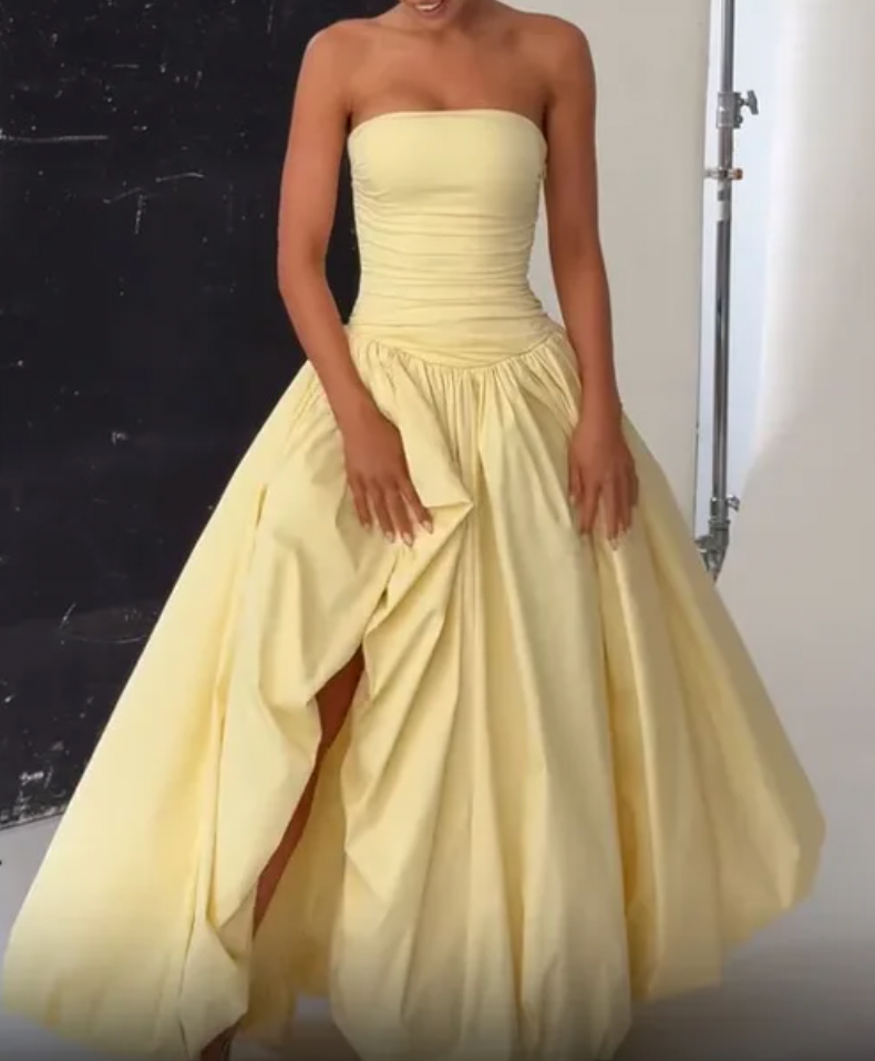 Strapless Ruched Bubble Hem High Split Maxi Dress 2
