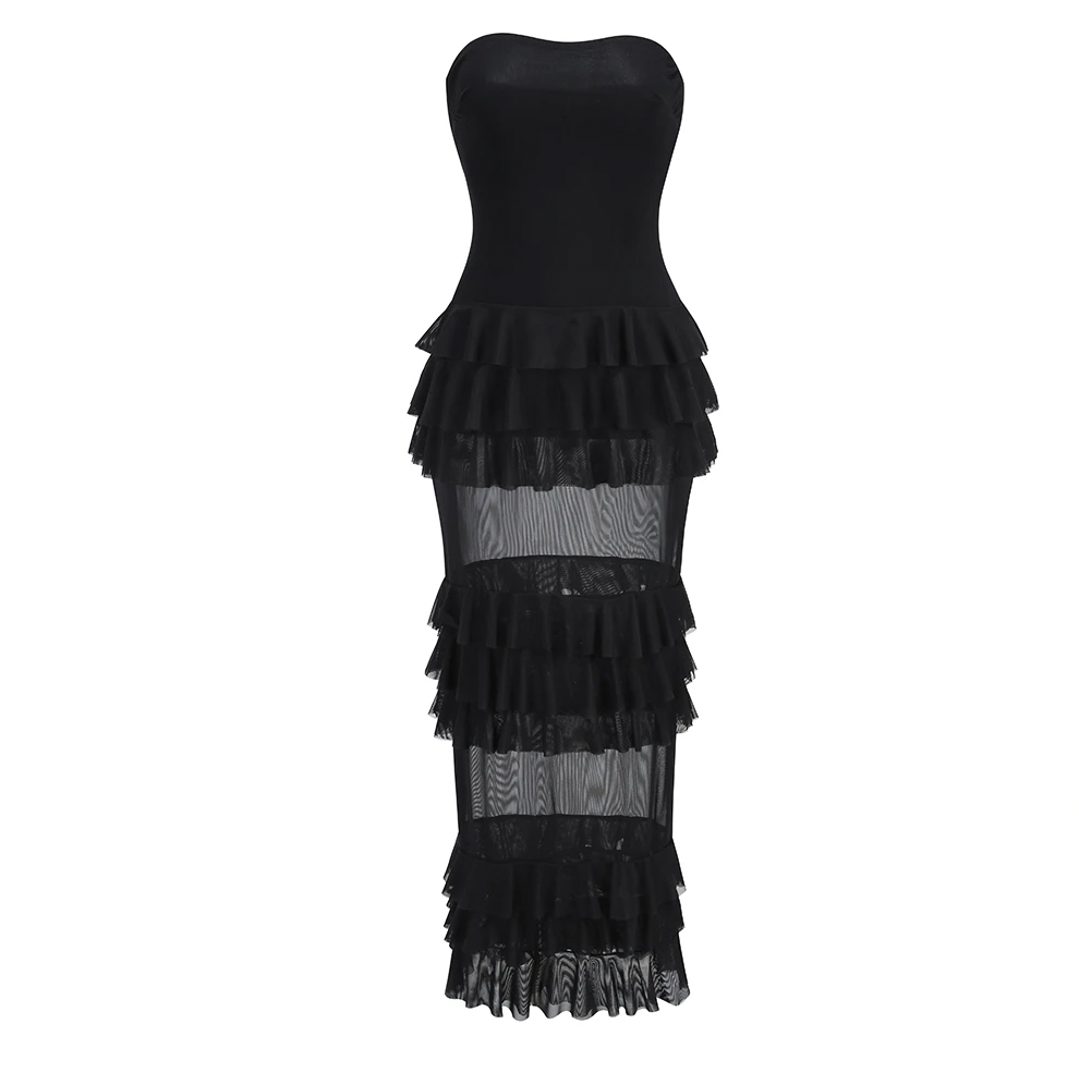 Strapless Tiered Ruffle Mesh Midi Dress 3