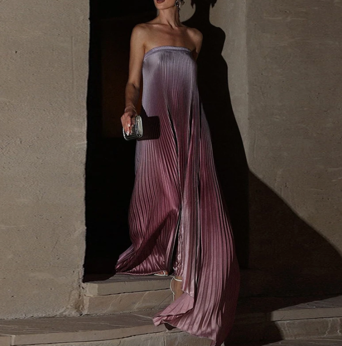 Strapless Pleated Satin A-Line Maxi Dress