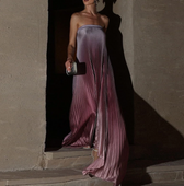 Strapless Pleated Satin A-Line Maxi Dress