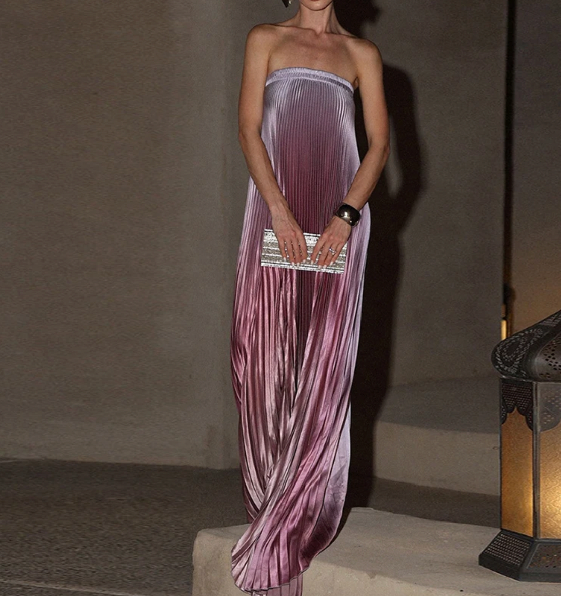 Strapless Pleated Satin A-Line Maxi Dress 4