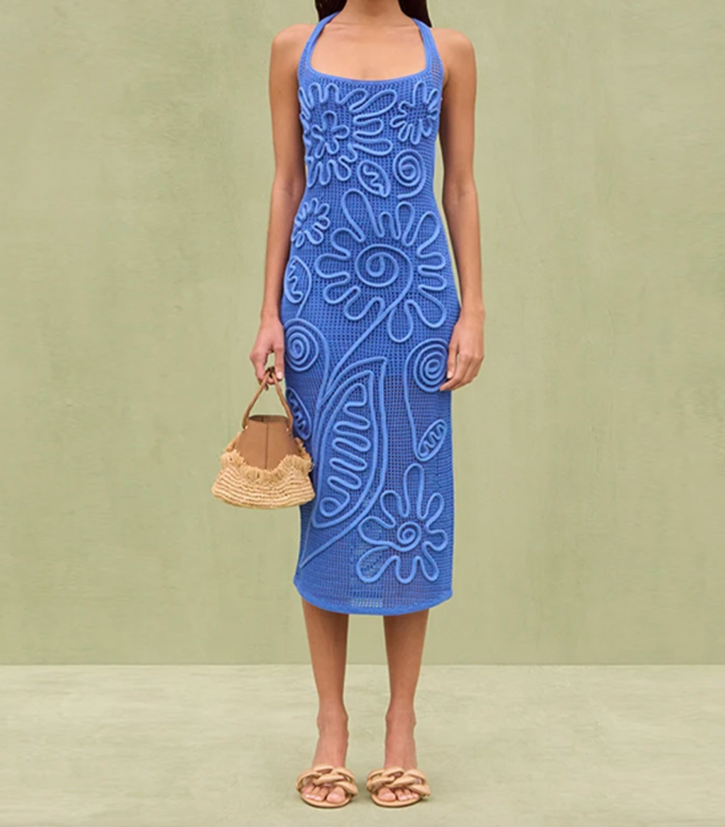 Crochet Halter Floral Appliqué Midi Dress 4