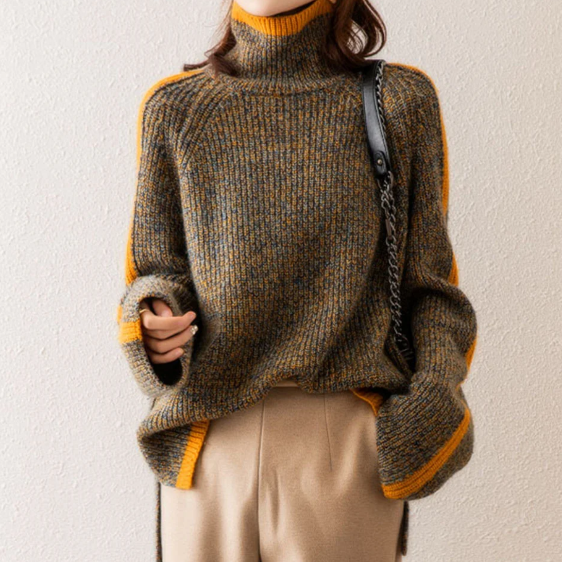 Turtleneck Contrast Trim Marled Knit Sweater