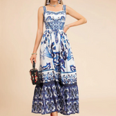 Square Neck Smocked Tiered A-Line Maxi Dress