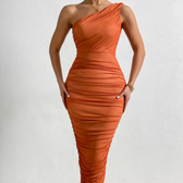 Mesh One Shoulder Ruched Bodycon Midi Dress 14