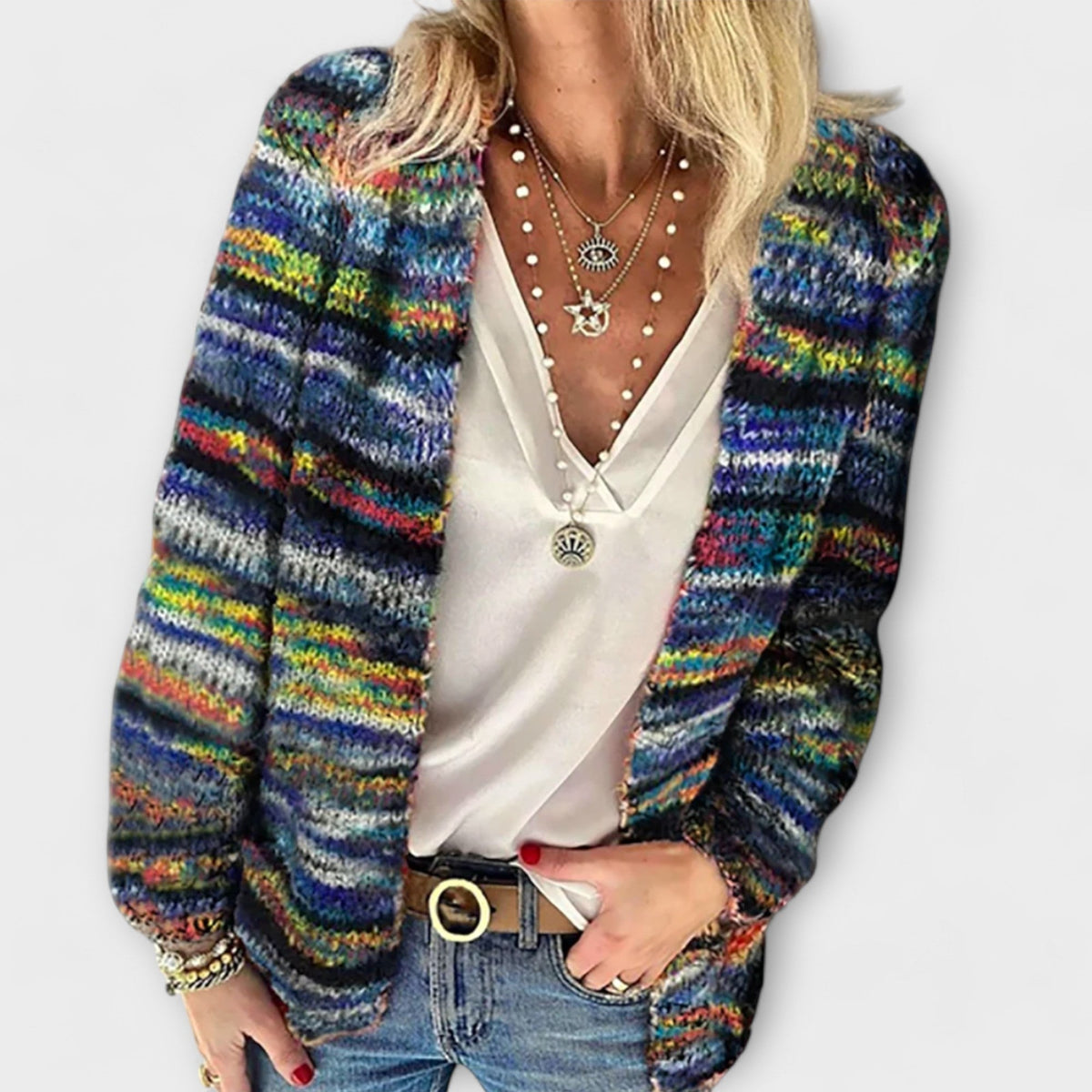 Striped Chunky Knit Open Front Cardigan