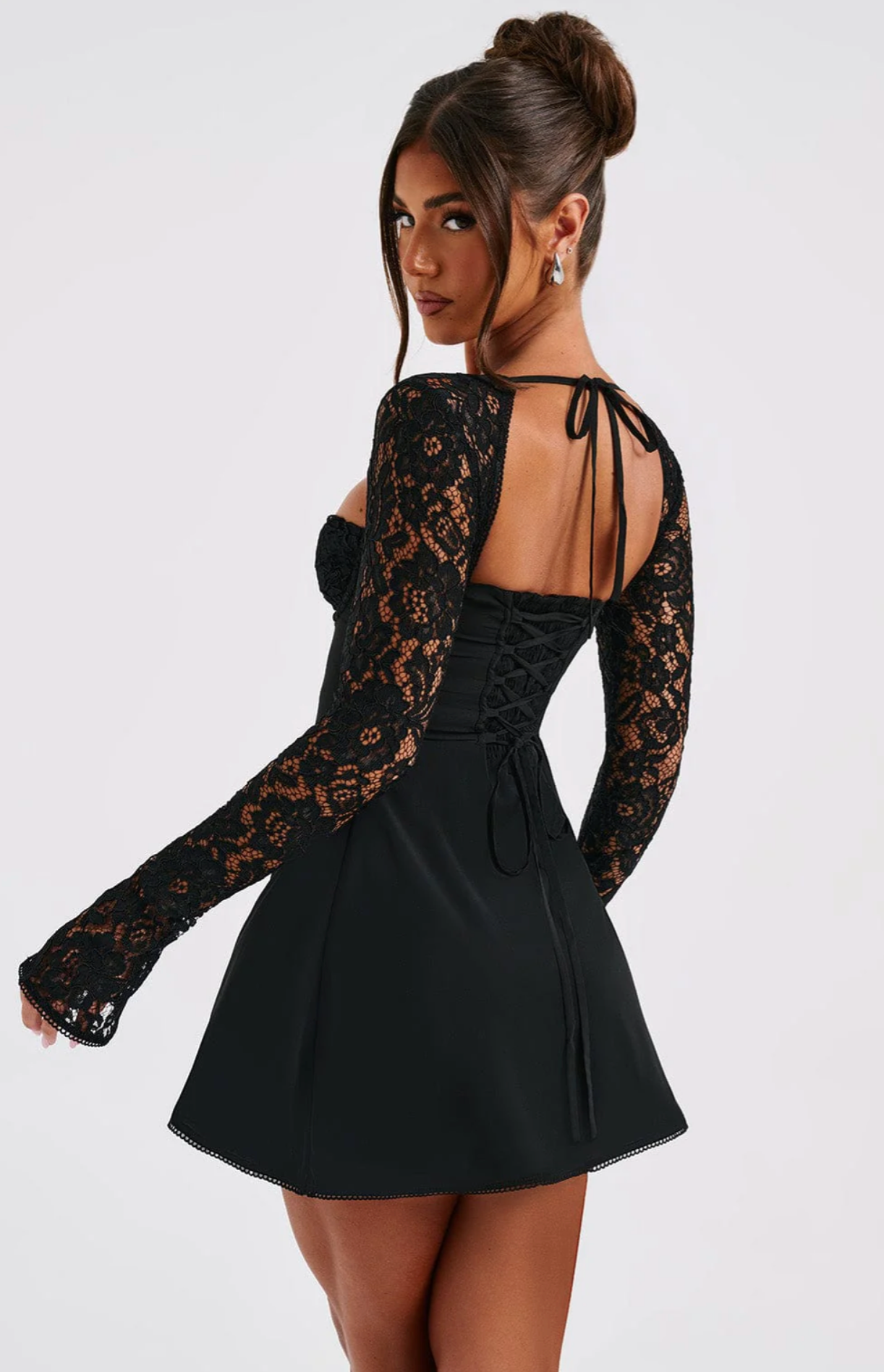 Anina - Tie - Up Lace Sleeves Mini Dress