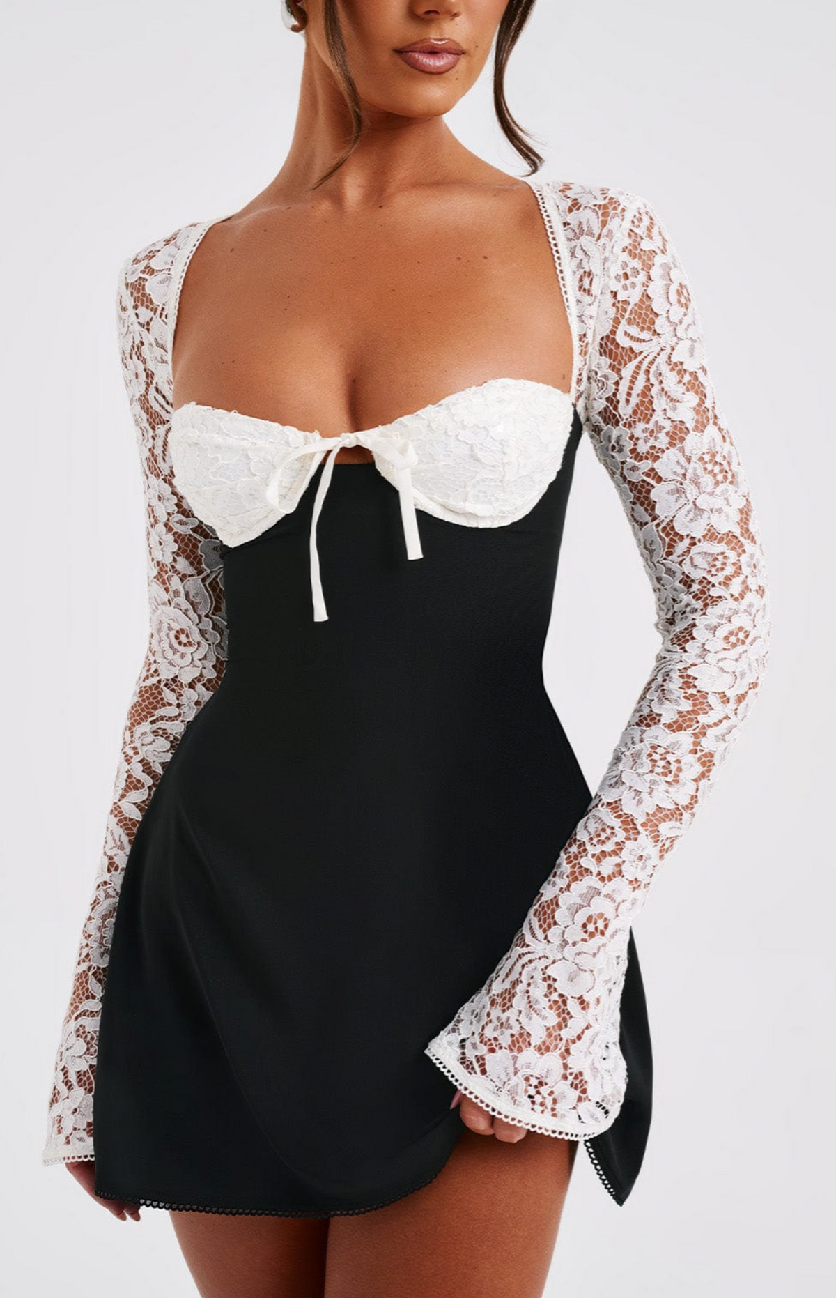 Lace Flare Sleeve Bow Front Bustier A-Line Mini Dress 6