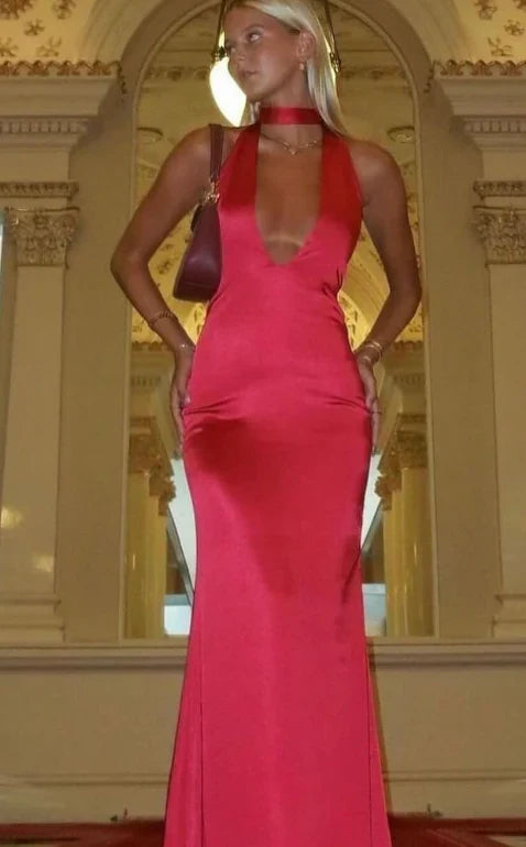 Halter Backless Sheath Satin Prom Dress Long Party Evening Gown cc2345