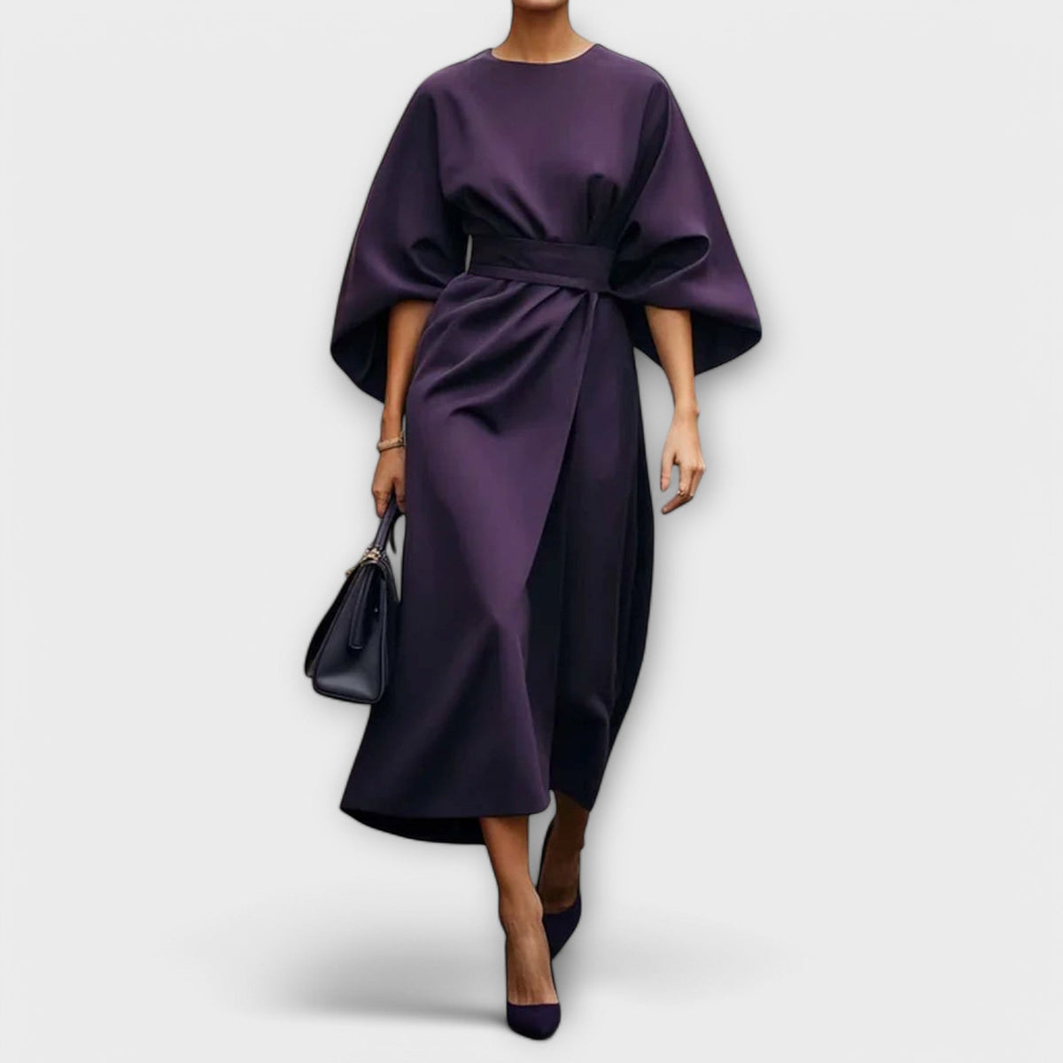 Batwing Sleeve Belted Wrap Slit Midi Dress