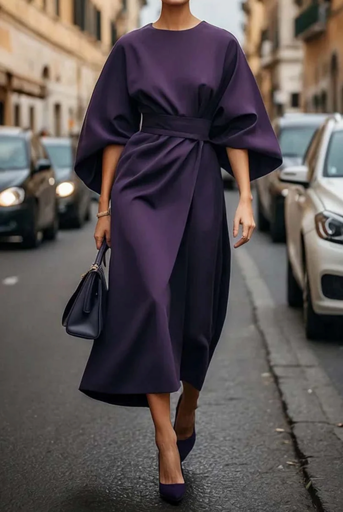 Round Neck Batwing Sleeve Belted Wrap Midi Dress