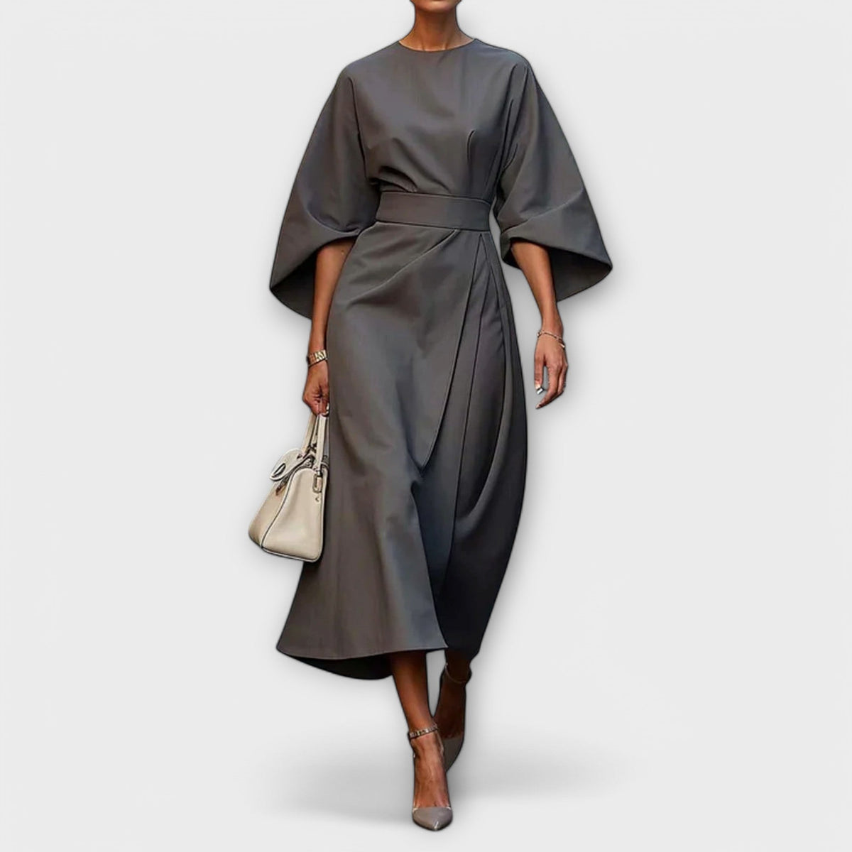 Batwing Sleeve Belted Wrap Slit Midi Dress