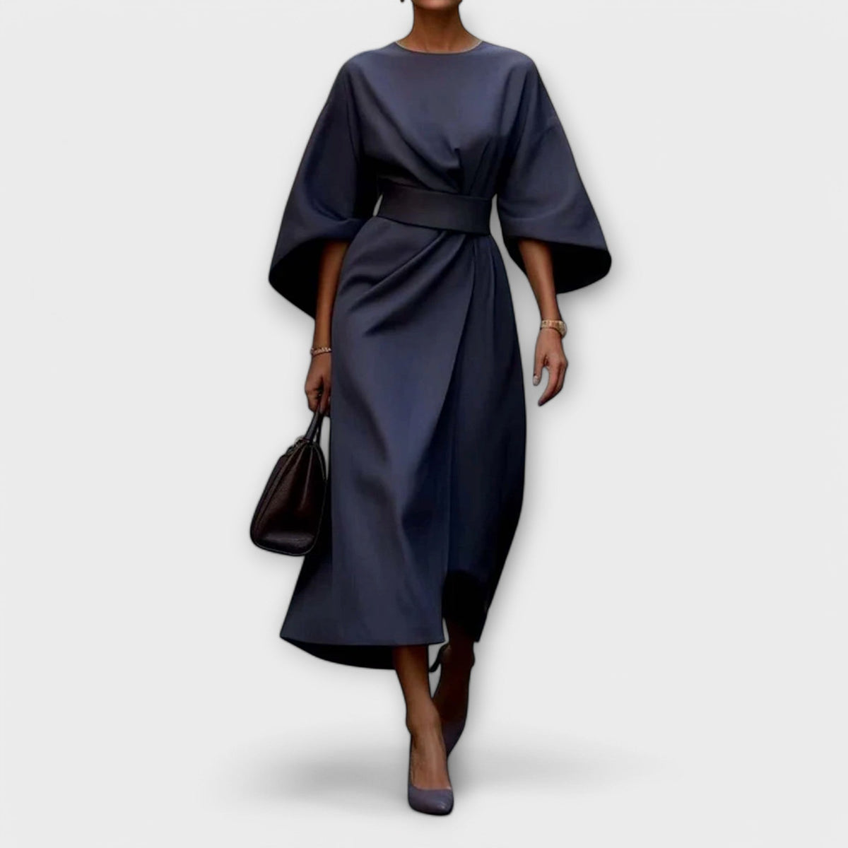 Batwing Sleeve Belted Wrap Slit Midi Dress