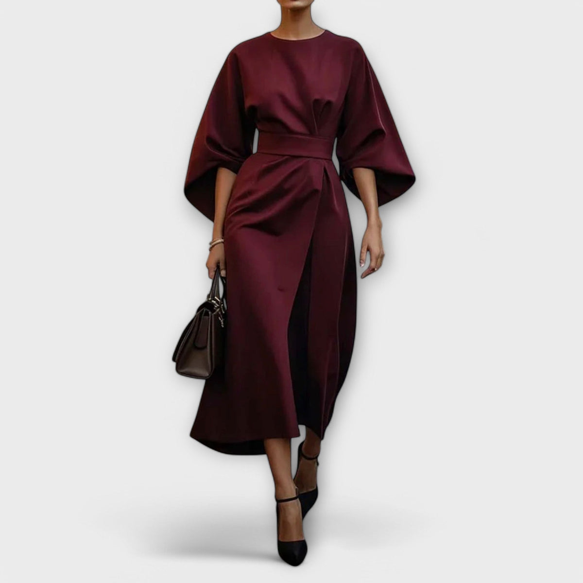 Batwing Sleeve Belted Wrap Slit Midi Dress