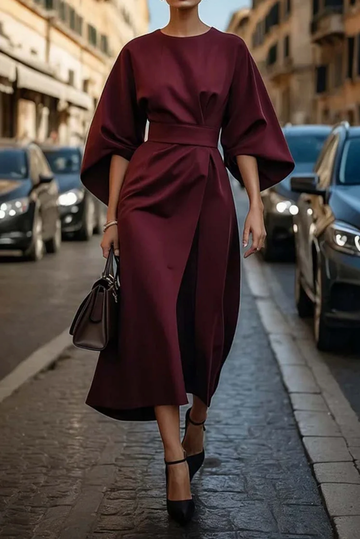 Round Neck Batwing Sleeve Belted Wrap Midi Dress