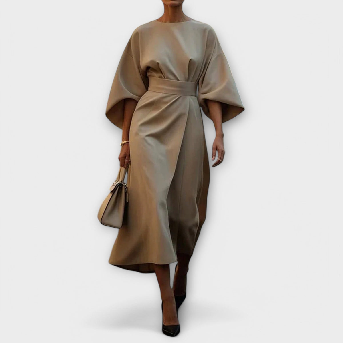 Batwing Sleeve Belted Wrap Slit Midi Dress