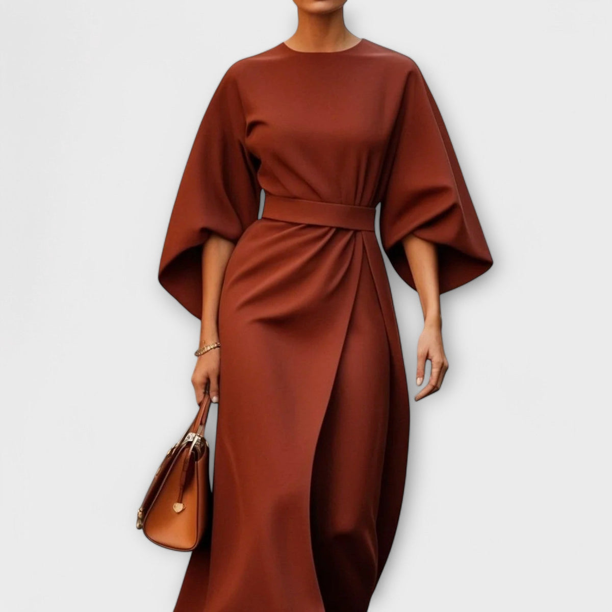 Batwing Sleeve Belted Wrap Slit Midi Dress