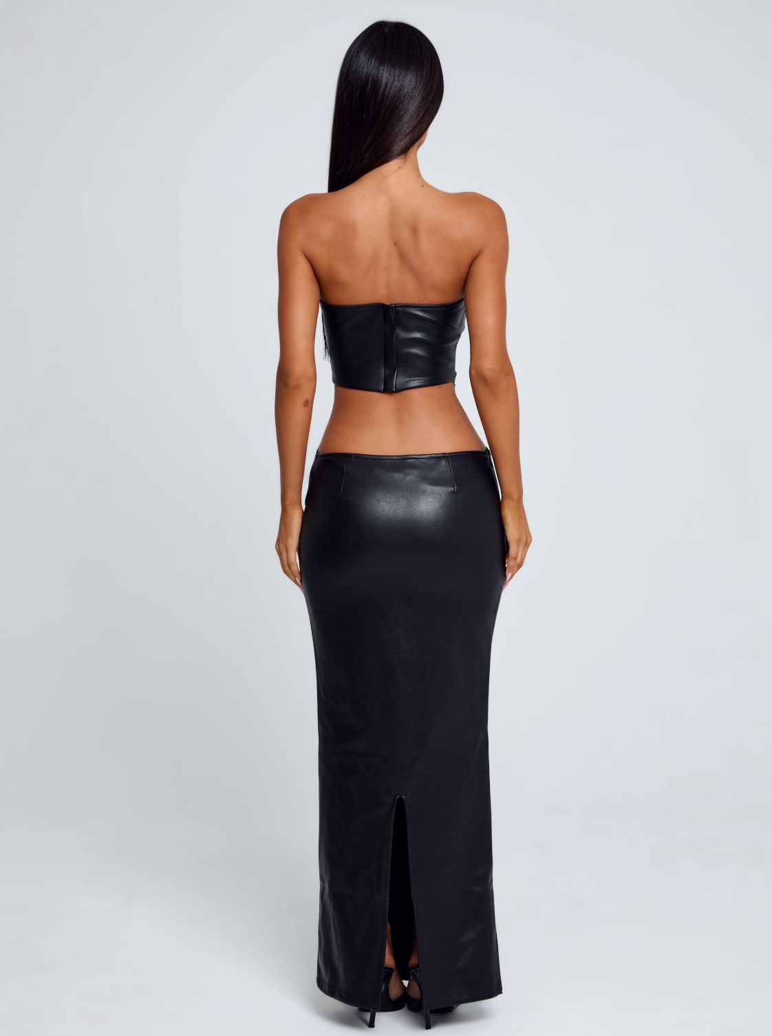 Faux Leather Strapless Plunge Cut Out Waist Column Maxi Dress 7