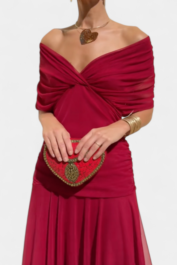 Chiffon Off Shoulder Twist Front Ruched Maxi Dress 8