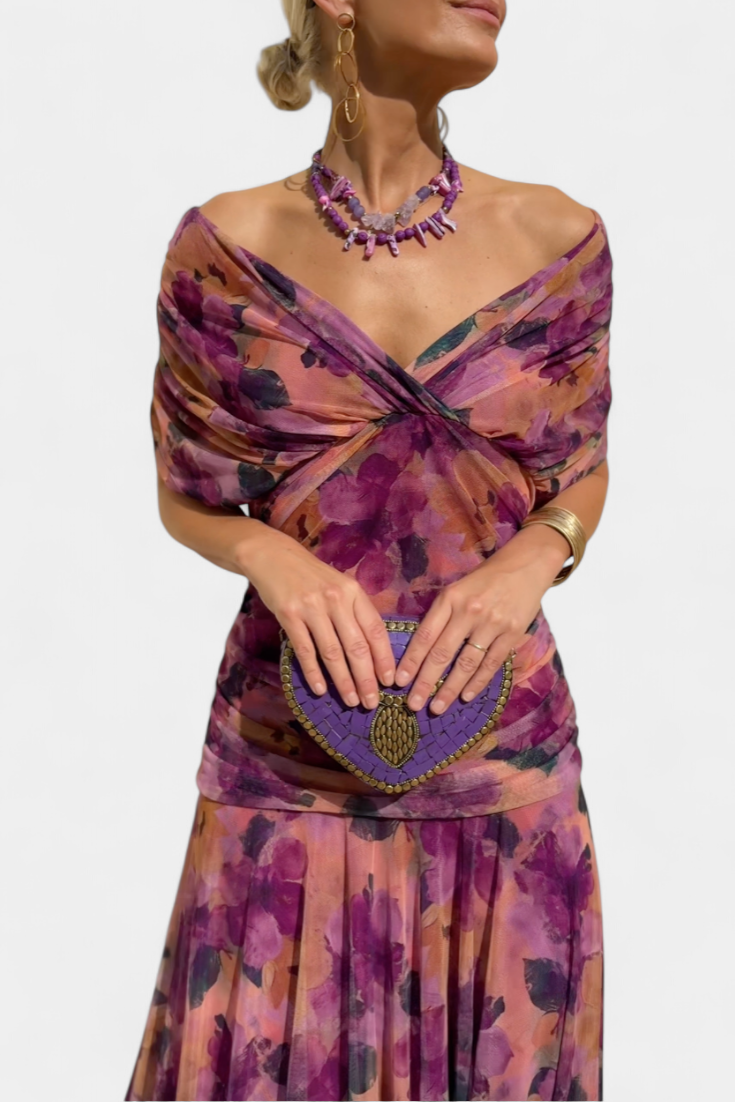 Chiffon Off Shoulder Twist Front Ruched Maxi Dress 6