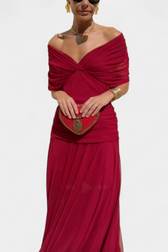 Chiffon Off Shoulder Twist Front Ruched Maxi Dress 9