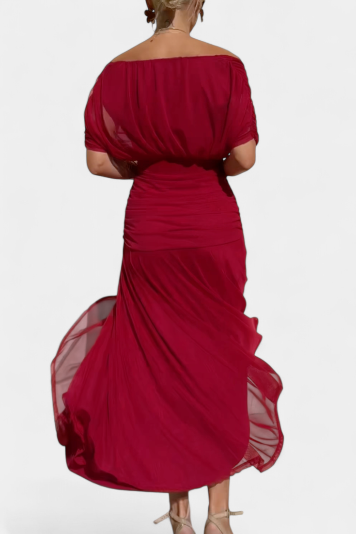 Chiffon Off Shoulder Twist Front Ruched Maxi Dress 10