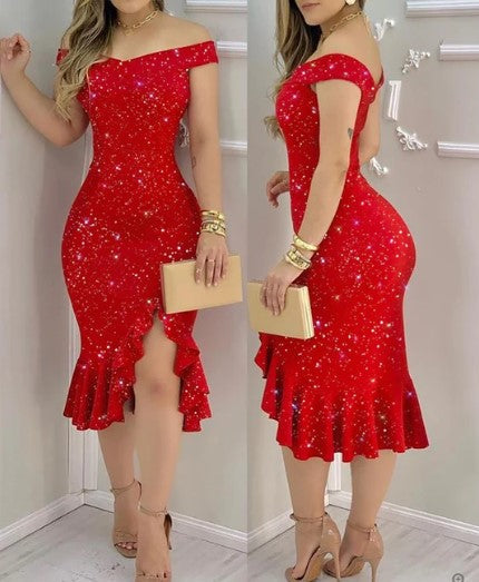 Elisabeth Minimalist Shiny Off Shoulder Cocktail Dress Designer Edit