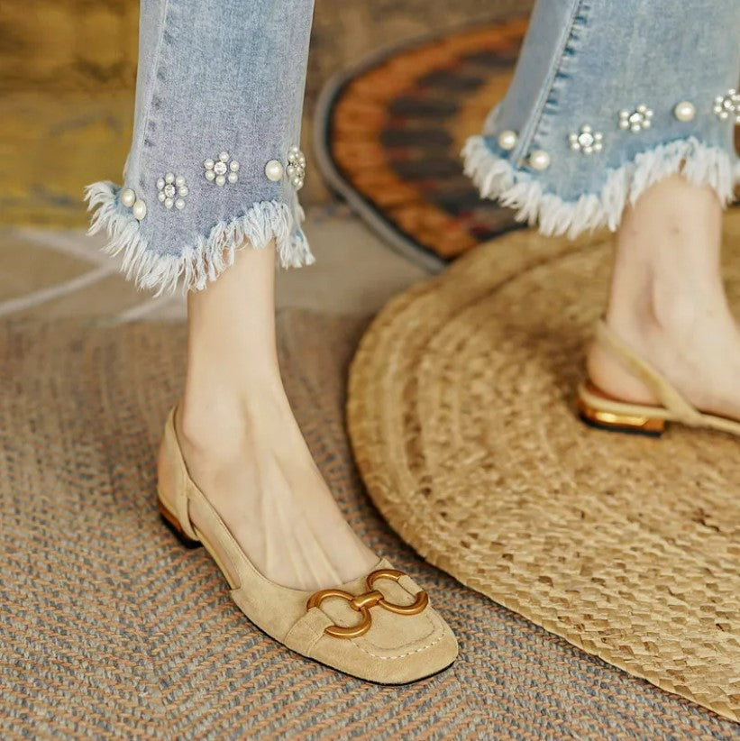 Square Toe Metal Ring Slingback Low Block Heel Pumps