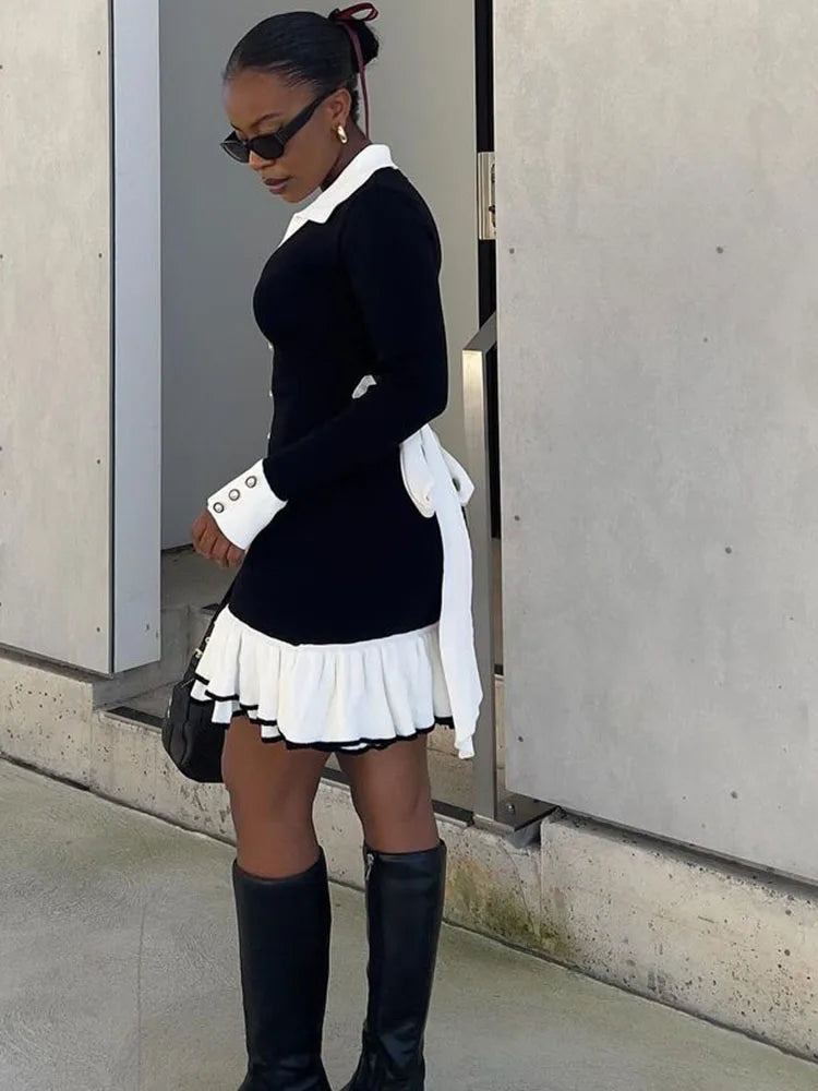 Contrast Collar Button Front Long Sleeve Ruffle Hem Knit Mini Dress 12