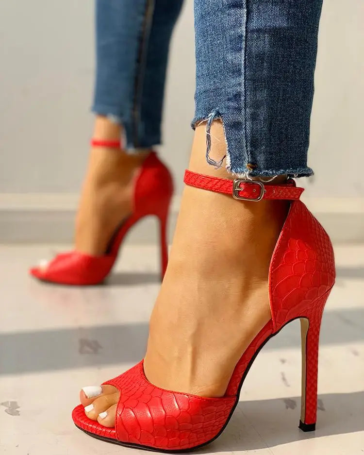 Croc Embossed Peep Toe Ankle Strap Stiletto Heel Sandals