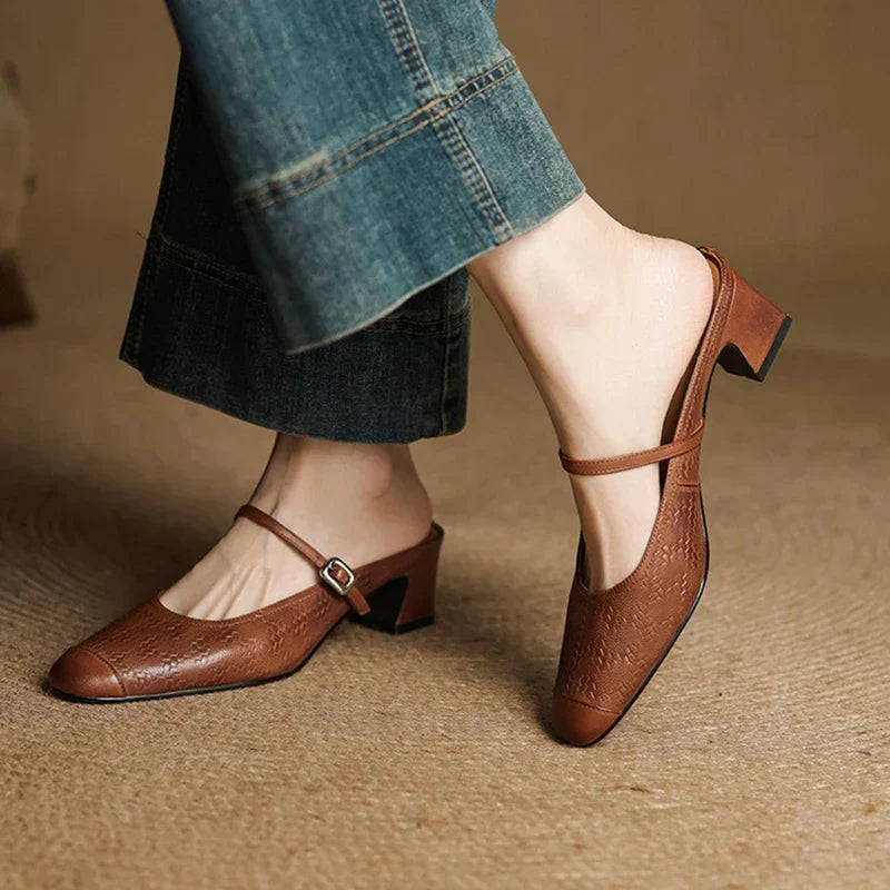 Embossed Square Toe Buckle Strap Block Heel Mary Jane Pumps