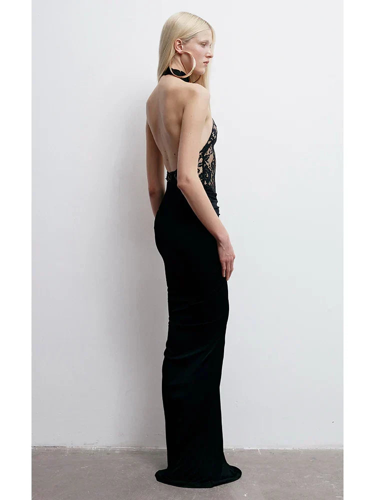 Lace Bodice Halter Neck Sleeveless Ruched Waist Fitted Maxi Dress 5