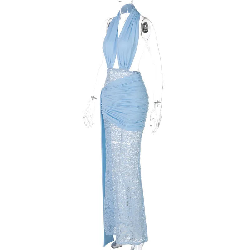 Halter Neck Deep V-Neck Draped Waist Lace Skirt Maxi Gown 22