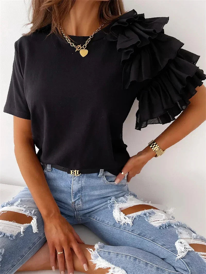 Round Neck Ruffle Sleeve Top