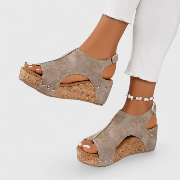 Open Toe Cut Out Ankle Strap Cork Wedge Sandals