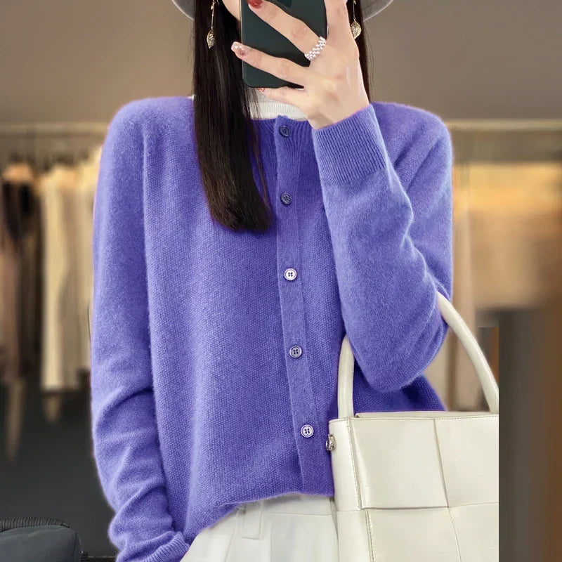 Crew Neck Button Front Long Sleeve Knit Cardigan