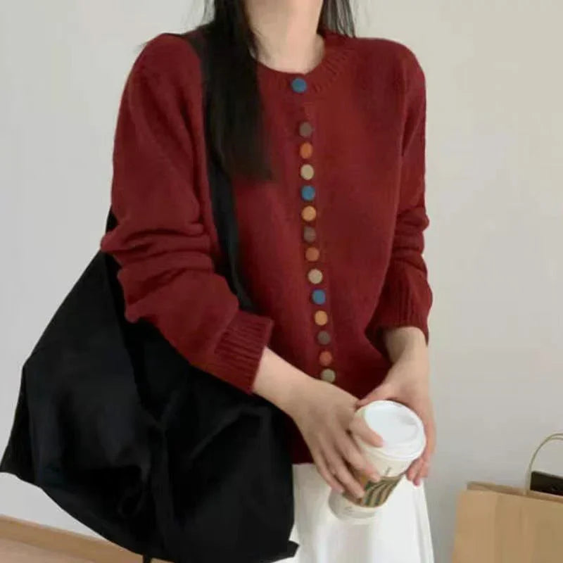 Crew Neck Button Front Ribbed Knit Cardigan
